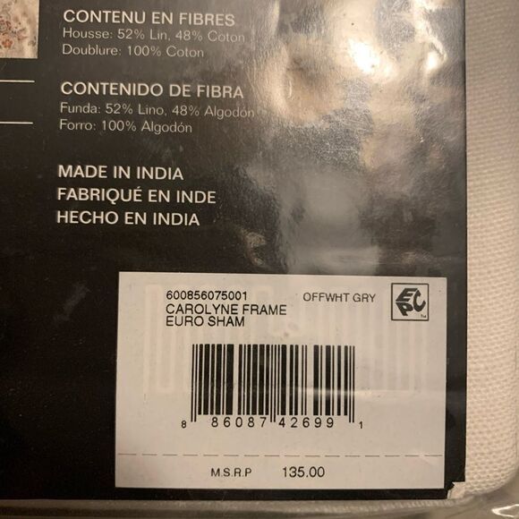 LAUREN RALPH LAUREN Carolyne Frame Euro Sham $135 Off White Gray Linen Cotton - Picture 3 of 4